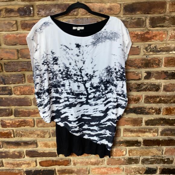 Joan Vass Black Gray Forest Tree Layered Blouse Women's Size Large - Picture 1 of 6